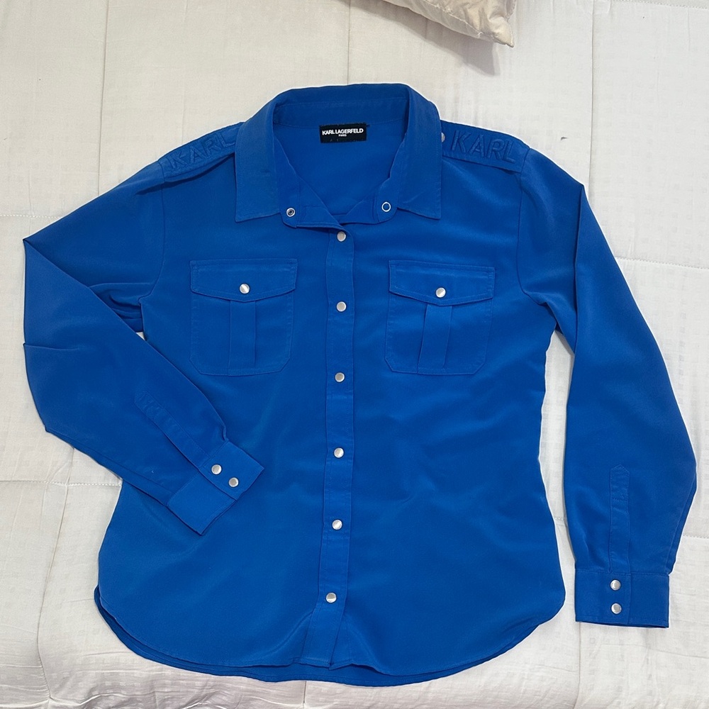Karl Lagerfeld Cobalt Blue Long-Sleeve Snap Front Blouse